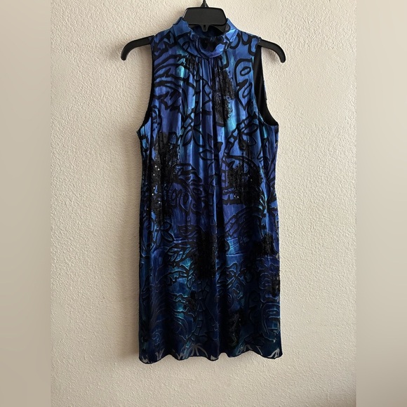 Alex Evenings Silk Blend Blue & Black Beaded Halter Mini Dress 8 - Picture 7 of 16
